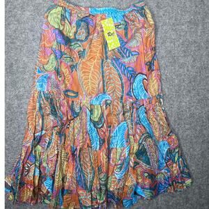 Raj Women Cotton Colorful Leaf Print Pull On Knee Length Skirt Boho One Size NWT